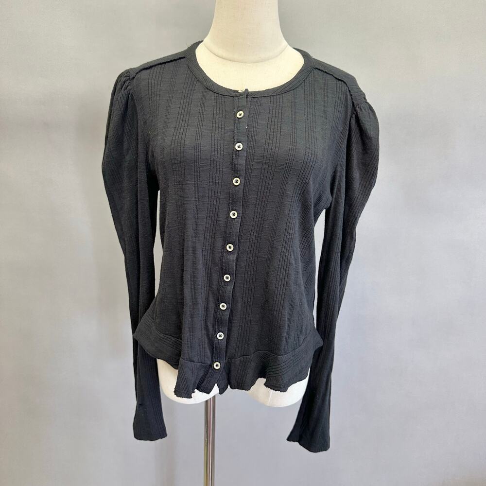 Anthropologie Pilcro Puff Sleeve Ribbed Button Down Top‎ Size Large